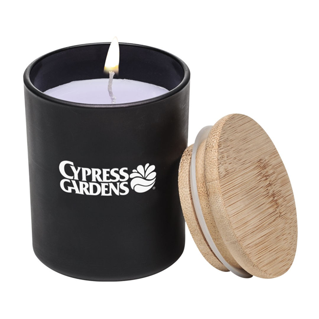 Black Candle with wood lid and customized with logo