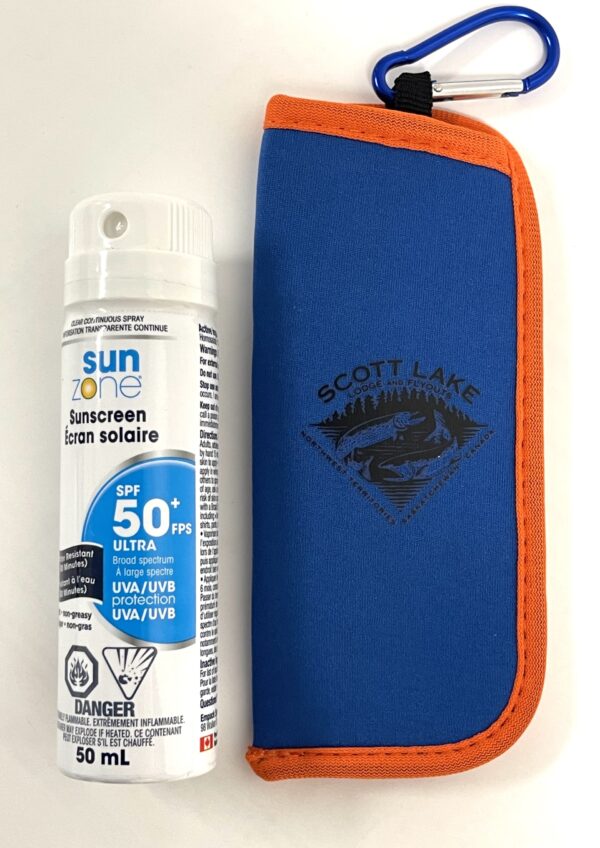 Canadian made sunscreen spray with custom printed pouch